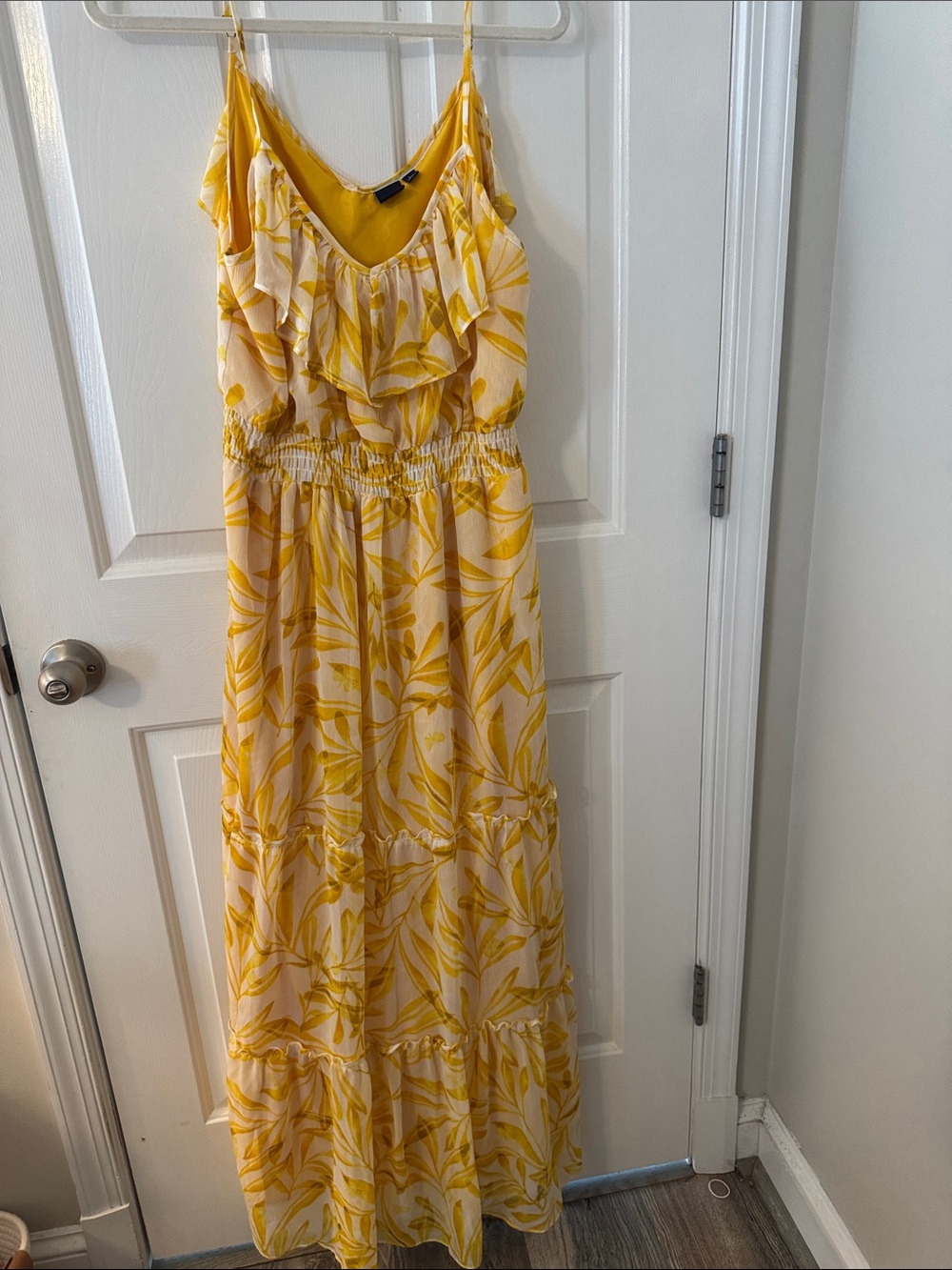 Kaari Blue Yellow Leaf-Print Ruffle Maxi Dress